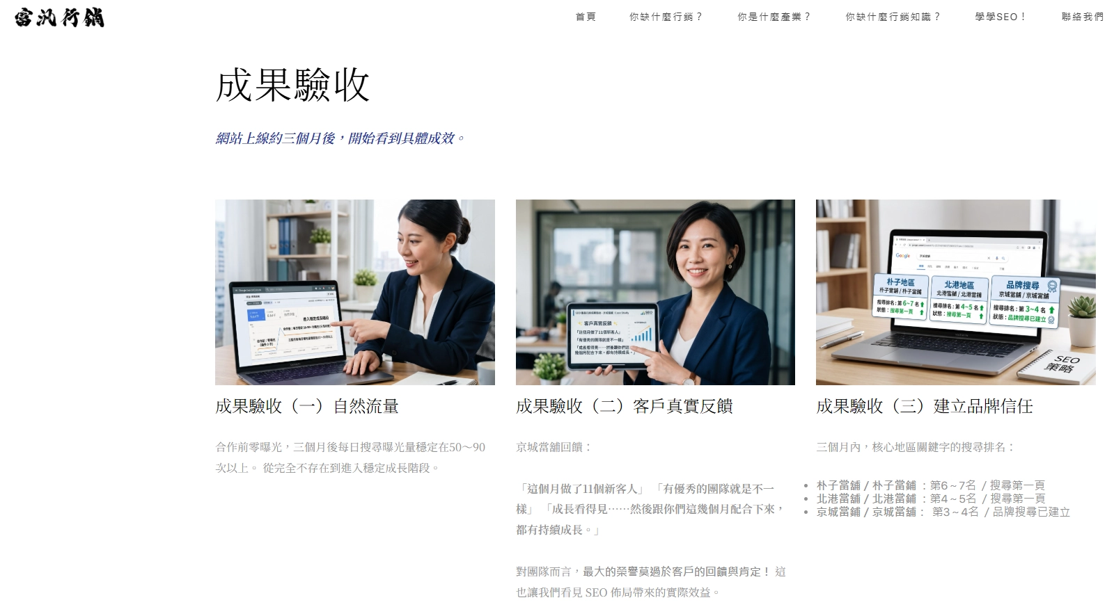 富汎行銷SEO成果驗收頁面，包含自然流量成長、客戶回饋與品牌關鍵字排名三項成果