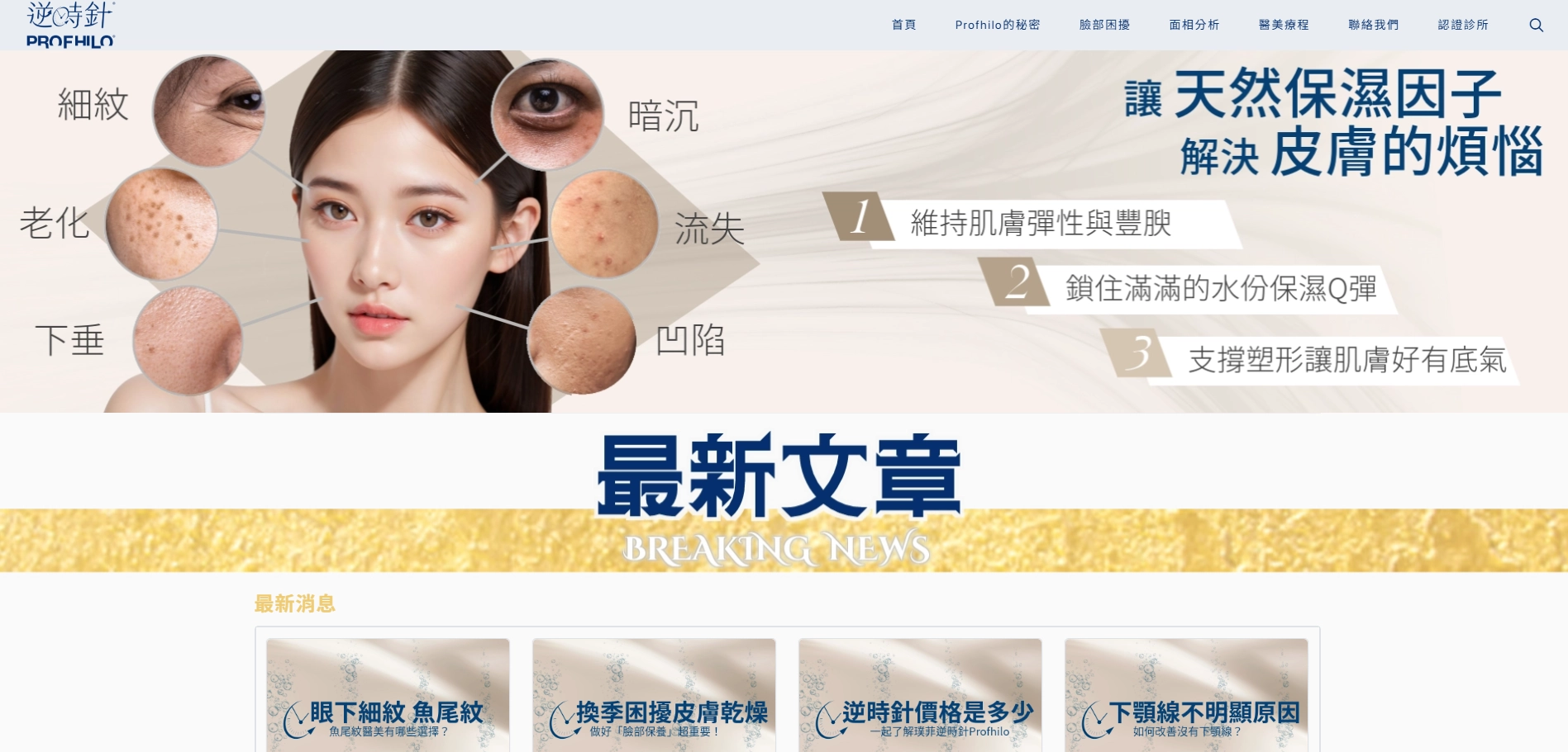 逆時針Profhilo官網首頁,展示細紋、老化、暗沉等六大肌膚困擾分析圖